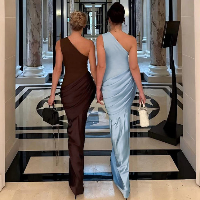 Fashion Solid Color One-Shoulder Dress